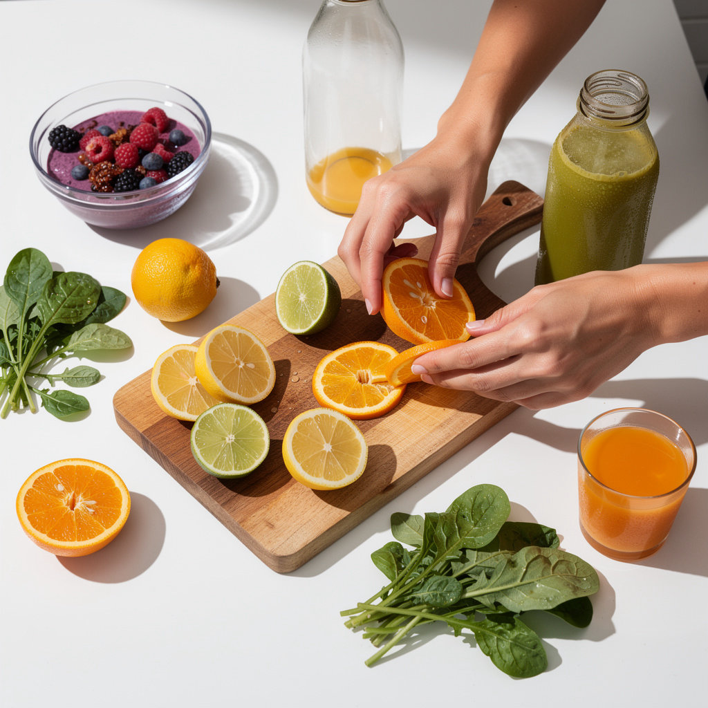 Sunny Squeeze Juice Bar fresh citrus, berries, and leafy greens prepared for cold-pressed juices and açaí bowls in San Diego